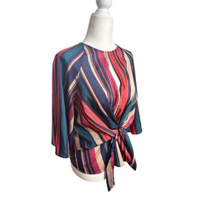 Fate by LFD Striped Peek a Boo Neck Tie Front‎ Blouse Sz Small Women's